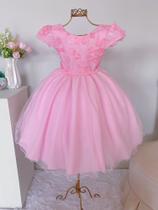 Vestido Infantil Festa Luxo Rosa Flores Aplicadas Formatura, Casamento