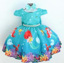 Vestido Infantil Festa Luxo Temático Fundo Do Mar Com Tiara