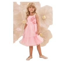 Vestido Infantil festa Luxo Tule Rosa Pérolas e Flor Infanti