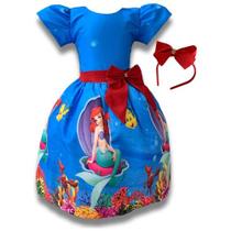 Vestido Infantil Festa Menina Sereia Ariel Azul C/tule Tiara
