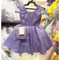 Vestido Infantil Festa Princesa Lilás Roxo Sofia Rapunzel Com Capa