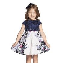 Vestido Infantil Festa Renda Azul Marinho e Saia Flores Azul e Rosa - Ninali