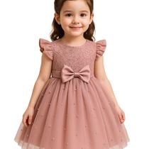 Vestido Infantil Festa Rosa Tule com Laço Bolinhas Meninas