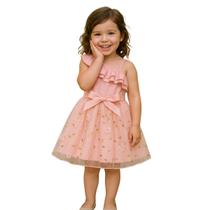 Vestido Infantil Festa Rosa Tule Floral e Babados 2 a 6 anos Vestido Infantil Festa Rosa Tule Floral e Babados 2 a 6 anos