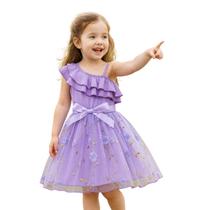 Vestido Infantil Festa Roxo Tule Floral e Babados 2 a 6 anos