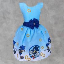 Vestido Infantil Festa Temático Ouriço Sonic Azul Luxo
