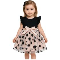 Vestido Infantil Festa Tule Floral com Laço Preto Meninas Vestido Infantil Festa Tule Floral com Laço Preto Meninas