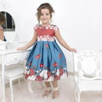 Vestido infantil floral azul com vermelho e laço bordado em perolas