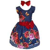 Vestido Infantil Floral Azul Com Vermelho E Rosas Vestido Infantil Floral Azul Com Vermelho E Rosas