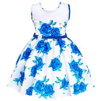 Vestido infantil floral azul e branco detalhe renda casamento formatura