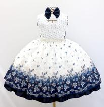 Vestido Infantil Floral Azul Marinho Luxo E Tiara