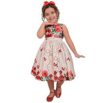 Vestido infantil floral bege off com rosas vermelhas