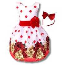 Vestido Infantil Floral Branco C/ Poa E Rosas Vermelhas Vestido Infantil Floral Branco C/ Poa E Rosas Vermelhas