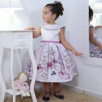 Vestido infantil floral com bordado em perolas e gola escafandro
