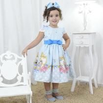 Vestido infantil floral com cachorrinho de gravata e óculos azul