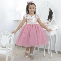 Vestido infantil Floral com saia de tule rosa seco