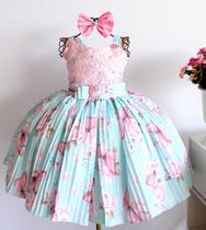 Vestido Infantil Floral Frisado Verde Água Casamento Festa Luxo E Tiara Vestido Infantil Floral Frisado Verde Água Casamento Festa Luxo E Tiara