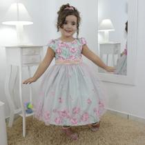 Vestido infantil floral jardim encantado verde água tule sobre a saia