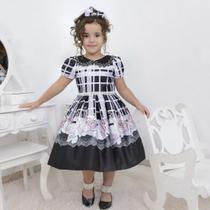 Vestido infantil floral preto com bordados em perolas