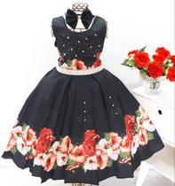 Vestido Infantil Floral Preto Luxo E Tiara