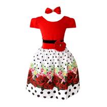 Vestido Infantil Floral Vermelho E Branco C/ Rosas E Poa