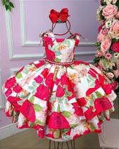 Vestido Infantil Floral Vermelho Festa Luxo - Tecido Tecnosoft Vestido Infantil Floral Vermelho Festa Luxo - Tecido Tecnosoft