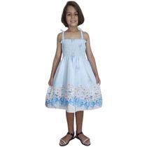 Vestido Infantil Florido Azul Elasteque e Alças com Amarração - Katitus