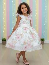 Vestido Infantil Florido Off White Midi Festa para Meninas Vestido Infantil Florido Off White Midi Festa para Meninas