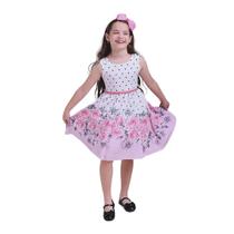 Vestido Infantil Florido Rosa e Branco com Laço - Lauraca Moda Infantil