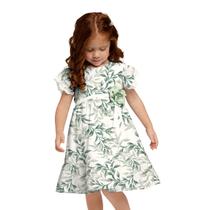 Vestido Infantil Folhagem Verde Chá em Voil Aplique Flor Milon