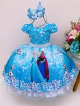 Vestido infantil frozen azul c/ cinto pérolas luxo princesas