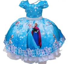 Vestido Infantil Frozen Azul C/ Cinto Pérolas Luxo Princesas