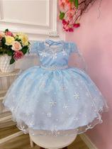 Vestido Infantil Frozen Princesas com Capa e Cinto de Pérolas
