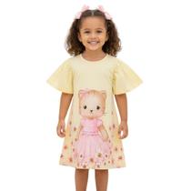 Vestido Infantil Gatinha Manga Borboleta Amarelo Festa -