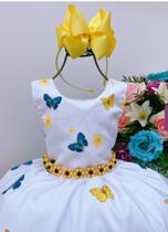 Vestido infantil girassol e borboletas jardim branco flores