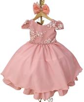 Vestido Infantil Goiaba Renda Tiara Daminha Batizado Luxo