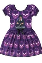 Vestido Infantil Halloween Wandinha Caveiras Estilo Festa