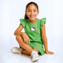 Vestido Infantil Hello Kitty com Mangas Franzidas Viscose Trabalhada