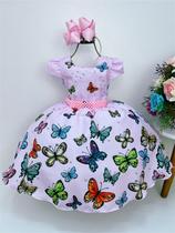 Vestido infantil jardim das borboletas rosa luxo cinto