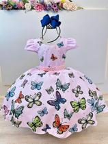 Vestido Infantil Jardim das Borboletas Rosa Luxo com Cinto - Tamanhos Variados