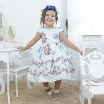 Vestido infantil jardim encantado, pássaros e bordados em perolas