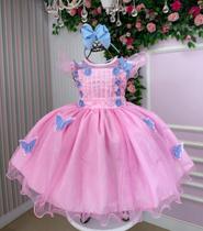 Vestido infantil Jardim Encantado Rosa Borboletas Azul Marie