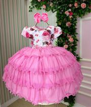 Vestido Infantil Jardim Encantado Rosa com Peito Florido em Rosa Chiclete