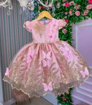 Vestido Infantil Jardim Encantado Rosa E Dourado Borboletas