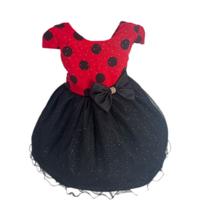 Vestido infantil joaninha festa tematica luxo vermelho com bolas pretas