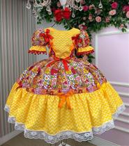 Vestido Infantil Junino Amarelo Quermesse de Luxo - Festa Junina