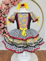 Vestido Infantil Junino Arraiá Preto Xadrez Girassol com Babados