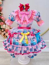 Vestido Infantil Junino Arraiá Rosa Com Florzinhas Colorida
