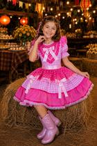 Vestido Infantil Junino Arraiá Rosa Estampa Coraçõezinhos