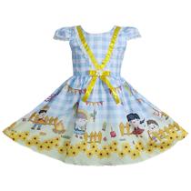 Vestido Infantil Junino Barrado Azul Tam 1 ao 4